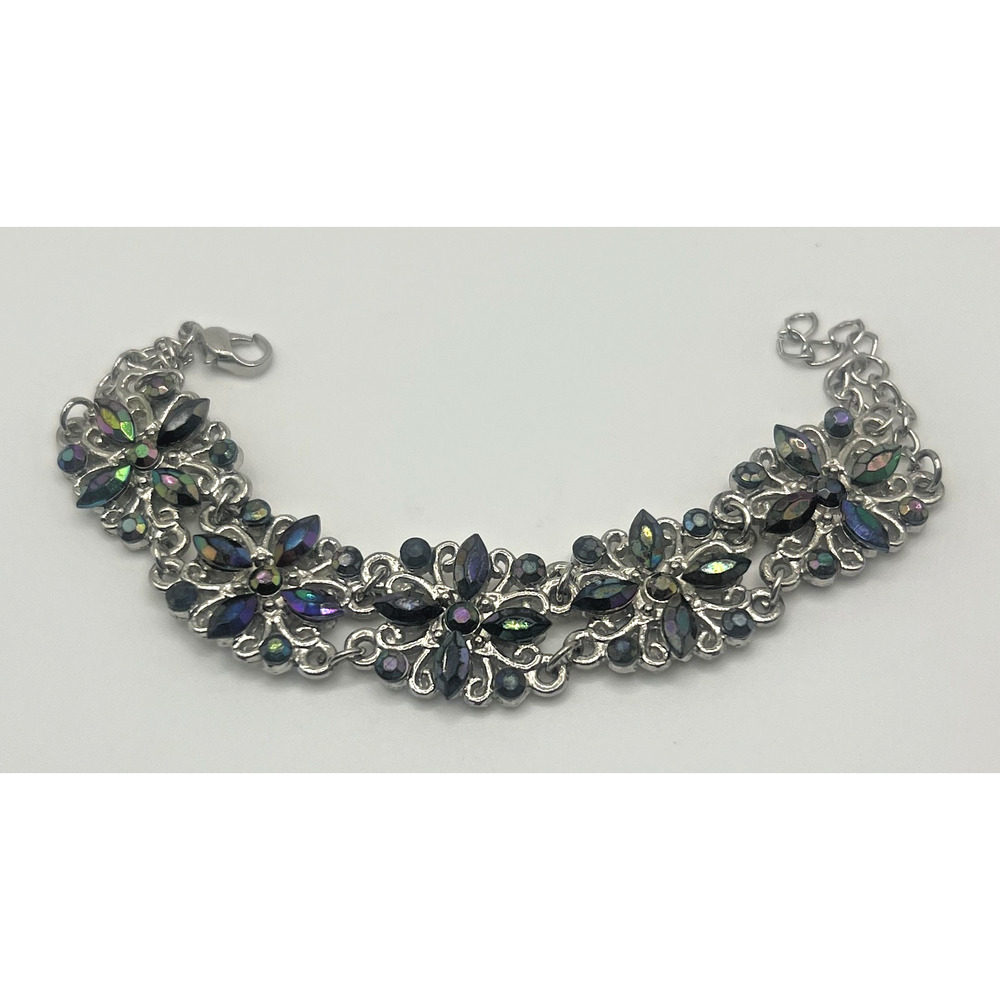 Vintage Style Silver Tone AB Rhinestone Costume Panel Statement Bracelet